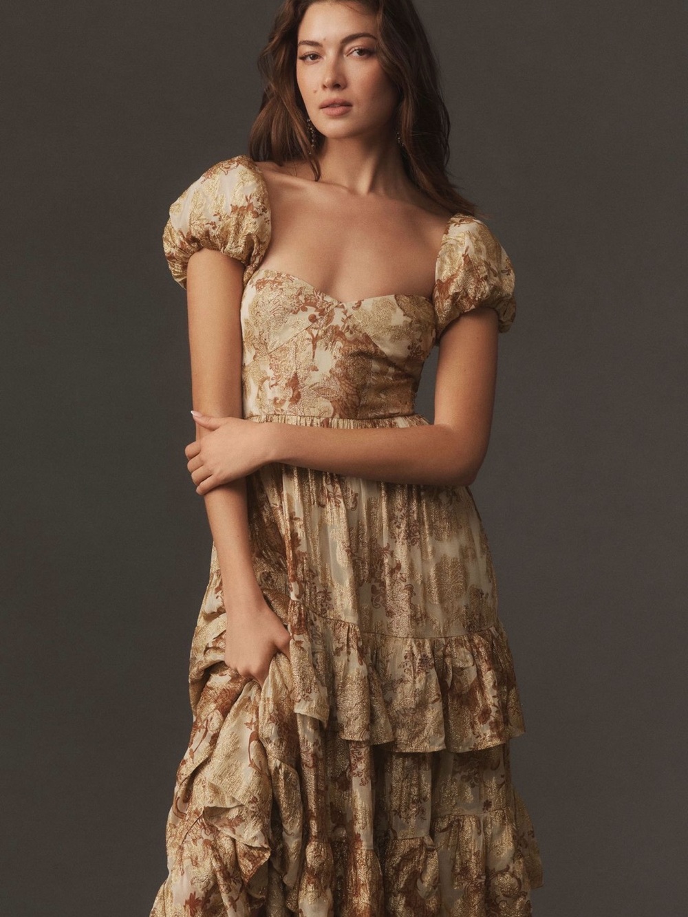 BHLDN Cream and Tan Floral Puff-Sleeve Maxi Dress XS NWT
